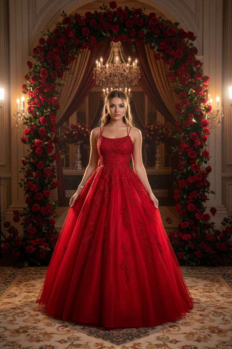Backless Red Tulle Lace Long Prom Dresses Sleeveless Aline Formal Evening Dresses