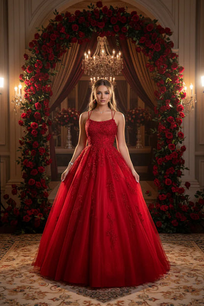 Backless Red Tulle Lace Long Prom Dresses Sleeveless Aline Formal Evening Dresses