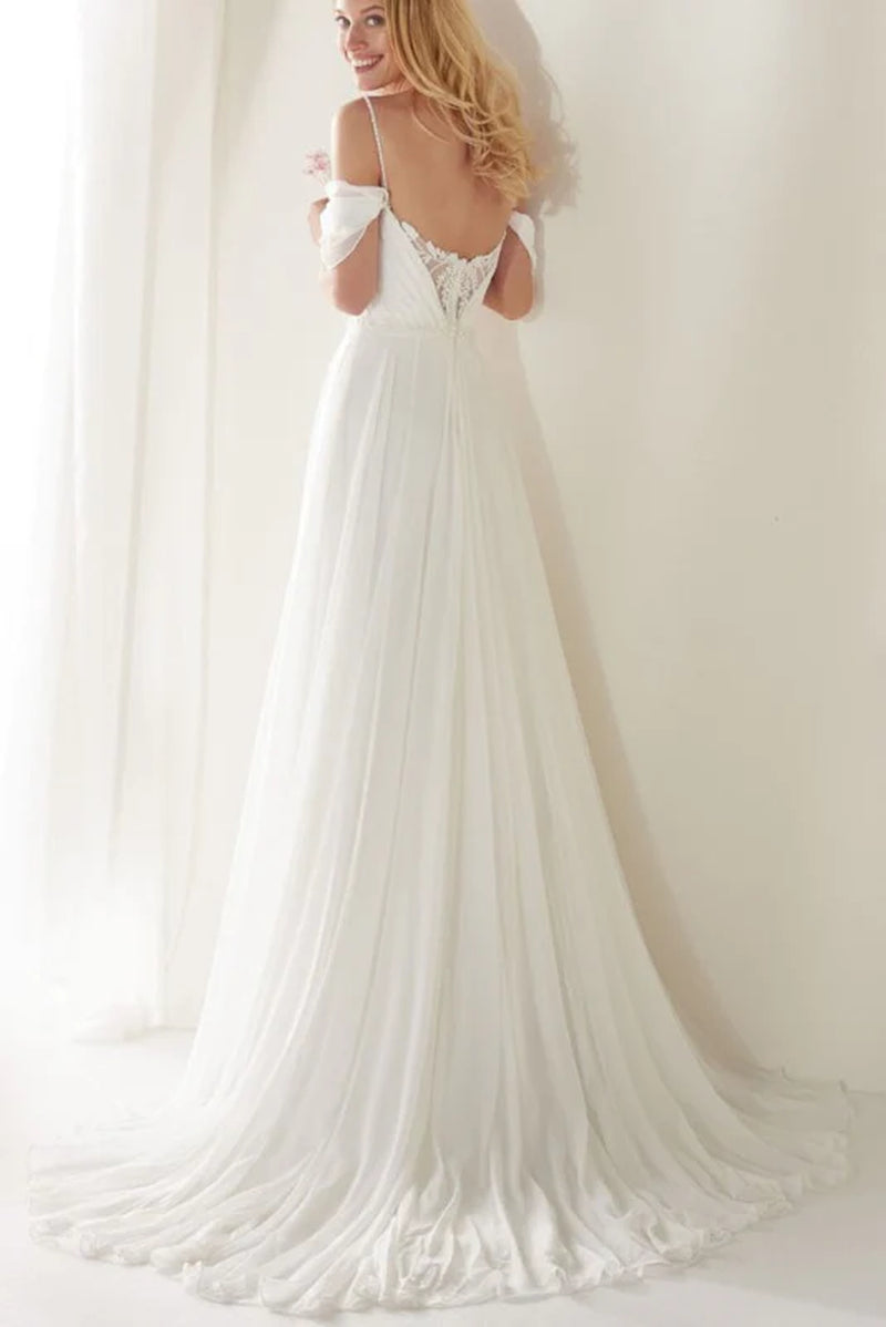 Elegant Spaghetti Strap Beach Wedding Dress with Sweep Train Boho Bridal Gown