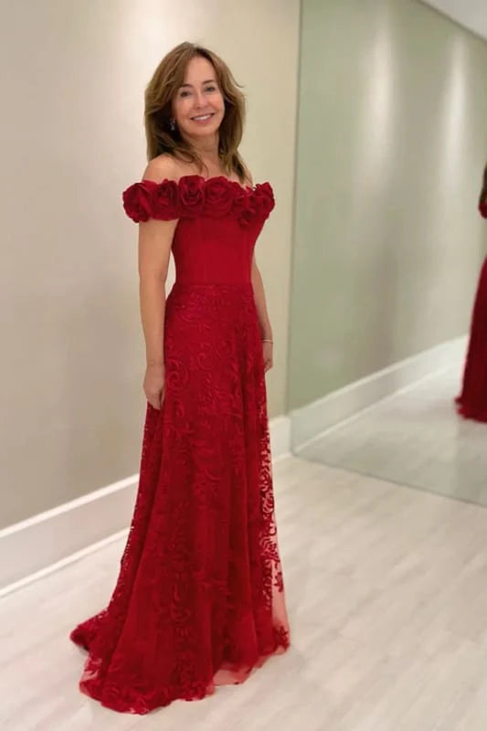 Off-The-Shoulder Red Aline Wedding Guest Dress with Flowers