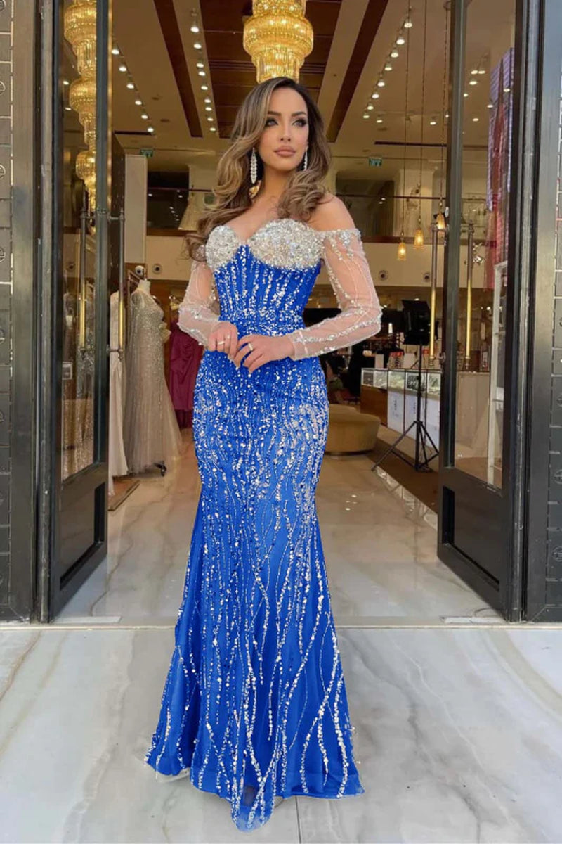 Champagne Sweetheart Mermaid Prom Dress Long Sleeves with Beadings