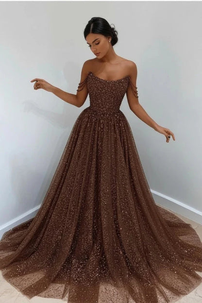 Sky Blue Off-The-Shoulder Prom Dress Long with Sequins