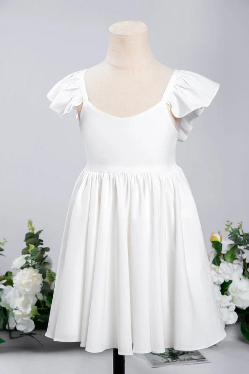 White Ruffle Sleeves Flower Girl Dress Pleated A-Line Little Girl Dress for Wedding Party