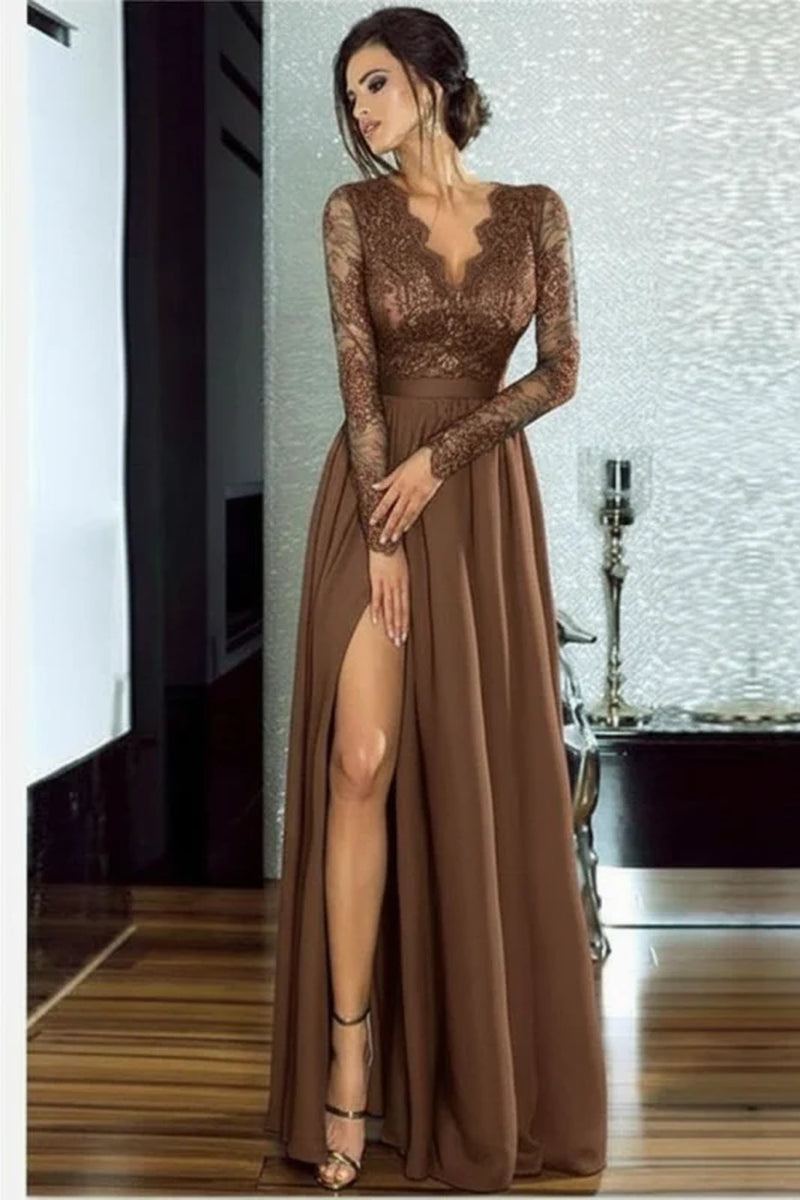 Bridelily A-Line Long Sleeves V-Neck Split Floor-Length Lace Appliques Prom Dresses