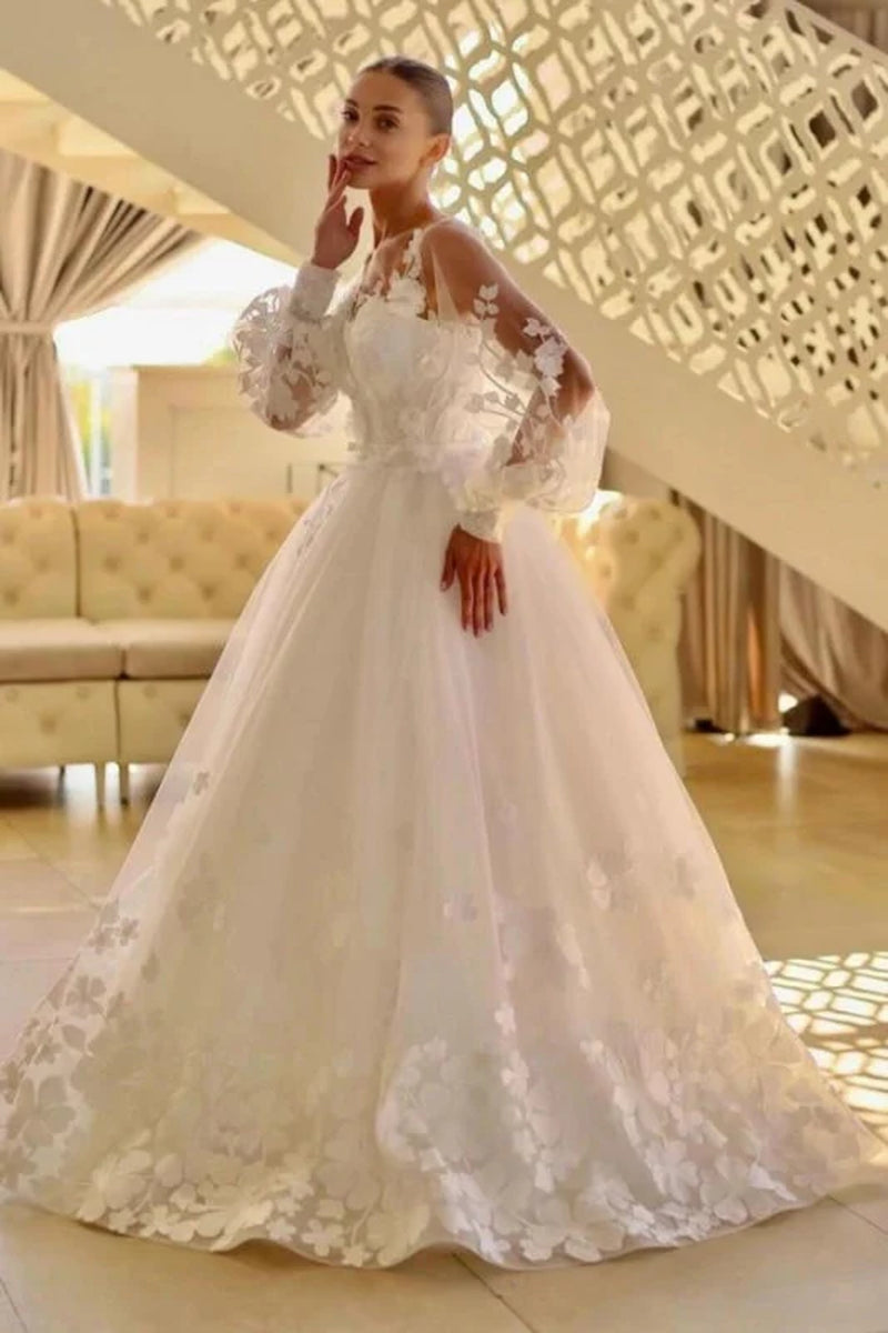 Romantic Long Sleeve Lace Wedding Dress with Appliques Aline Tulle Bridal Gown V-Neck