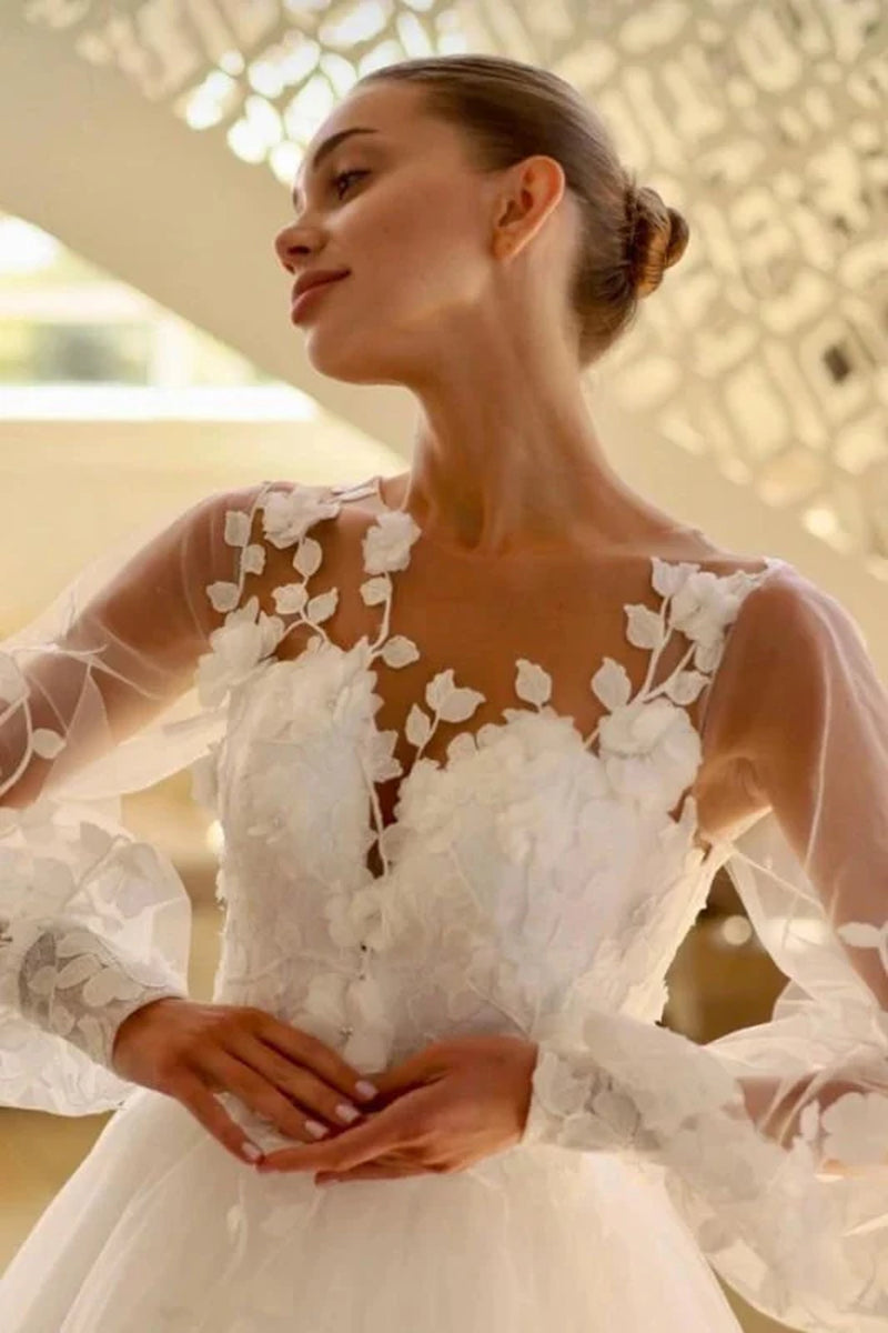 Romantic Long Sleeve Lace Wedding Dress with Appliques Aline Tulle Bridal Gown V-Neck