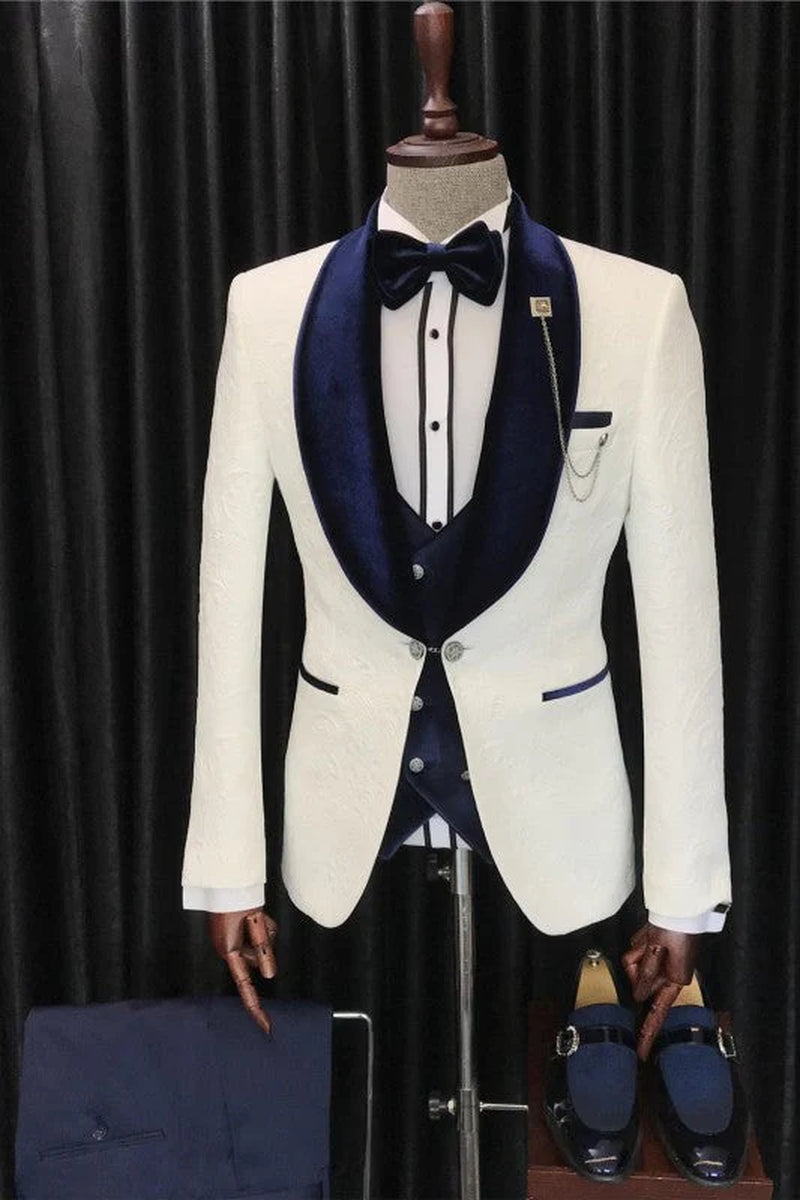Fancy White Slim Fit 3 Piece One Button Blazer Set Wedding Suits with Navy Blue Shawl Lapel