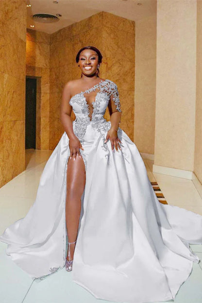 One Shoulder Satin Aline Wedding Dresses Front Slit Wedding Gown with Train