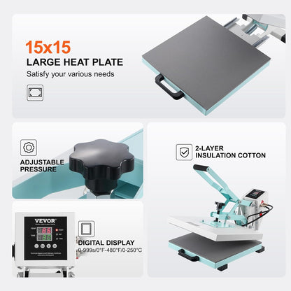 VEVOR Heat Press 15X15, High Pressure Heat Press Machine for T Shirts, Slide Out Professional Heat Press for Sublimation, Vinyl, Heat Transfer Projects, Heats up Fast & Evenly, Green