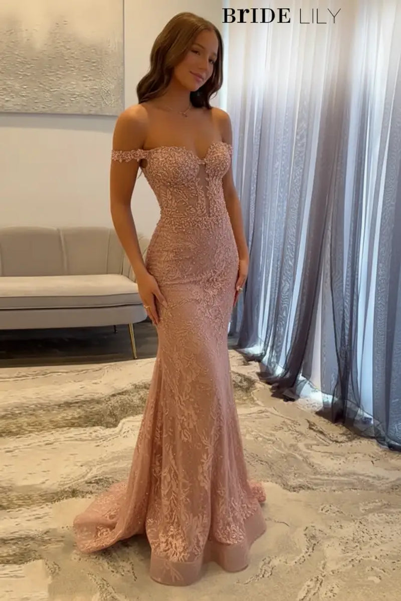 Off-The-Shoulder Mermaid Evening Dress Lace Prom Dress Long