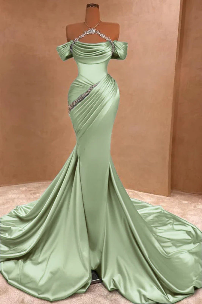 Chic Ruffle Satin Prom Dress Mermaid Off-The-Shoulder Beadings Long Party Gown