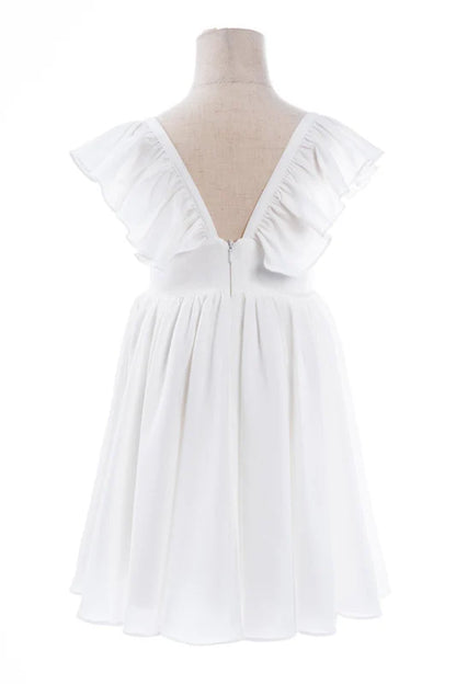 White Ruffle Sleeves Flower Girl Dress Pleated A-Line Little Girl Dress for Wedding Party