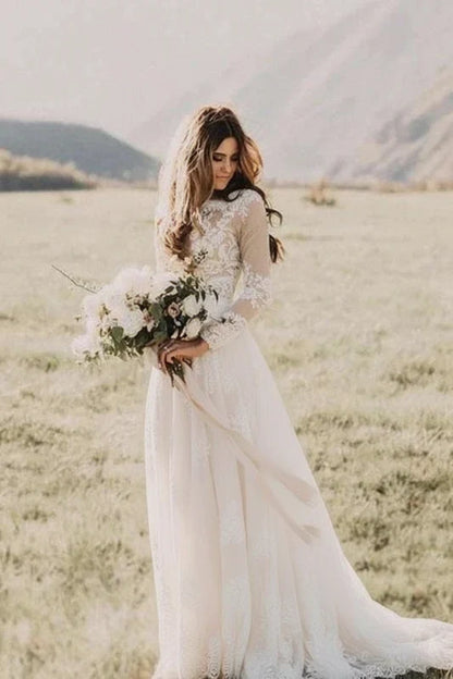 Bridelily Long Sleeve Lace Floor Length Boho Wedding Dresses