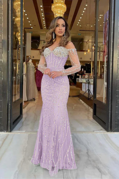 Champagne Sweetheart Mermaid Prom Dress Long Sleeves with Beadings