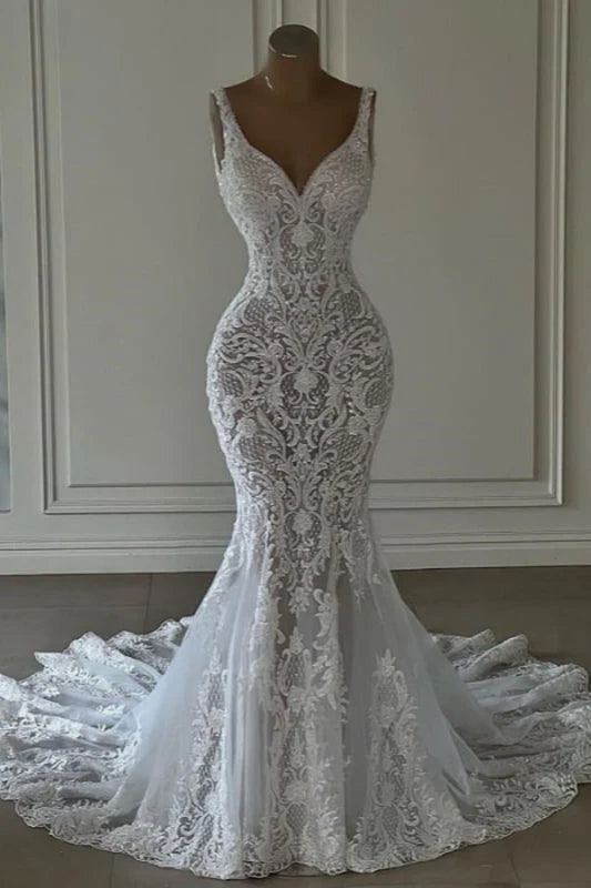 Mermaid Lace Sweetheart Wedding Dress V-Neck Long Bridal Dress with Train