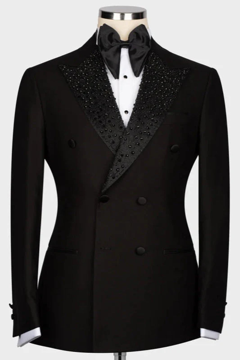 Black Double Breasted Two Piece Wedding Suits with Sequins Peaked Lapel Formal Business Suit Wedding Groom Prom Dinner Party