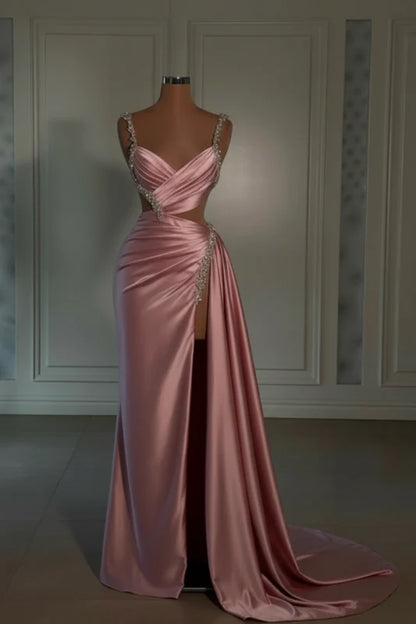 Glamorous Pink Prom Dress Sweetheart Spaghetti Strap with High Slit Trail