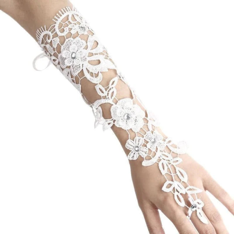 Lace Crystal Beaded Fingerless Wedding Gloves | Bridelily
