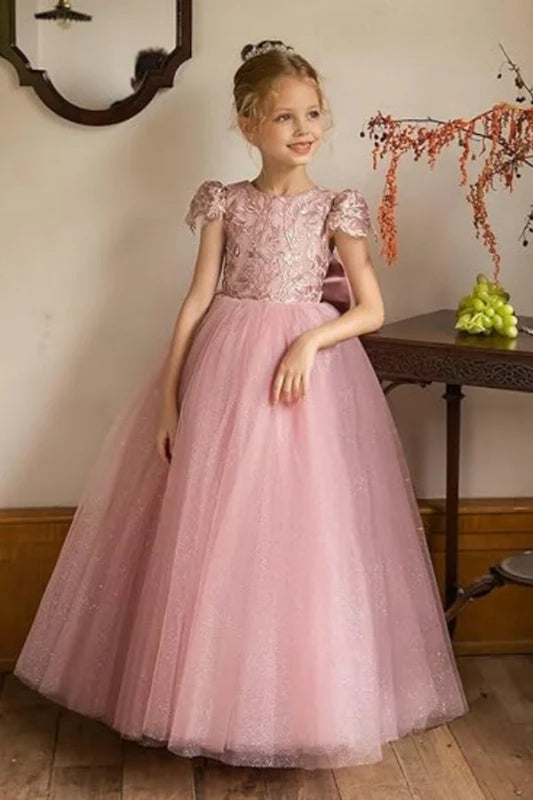 Dusty Pink Tulle Flower Girl Dress with Bow Cap Sleeves Little Girl Formal Evening Dress