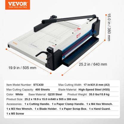 Industrial Paper Cutter A3 Heavy Duty Paper Cutter 17 Inch Paper Cutter Heavy Duty 500 Sheets Paper with Clear Cutting Guide for Offices, Schools, Businesses and Printing Shops