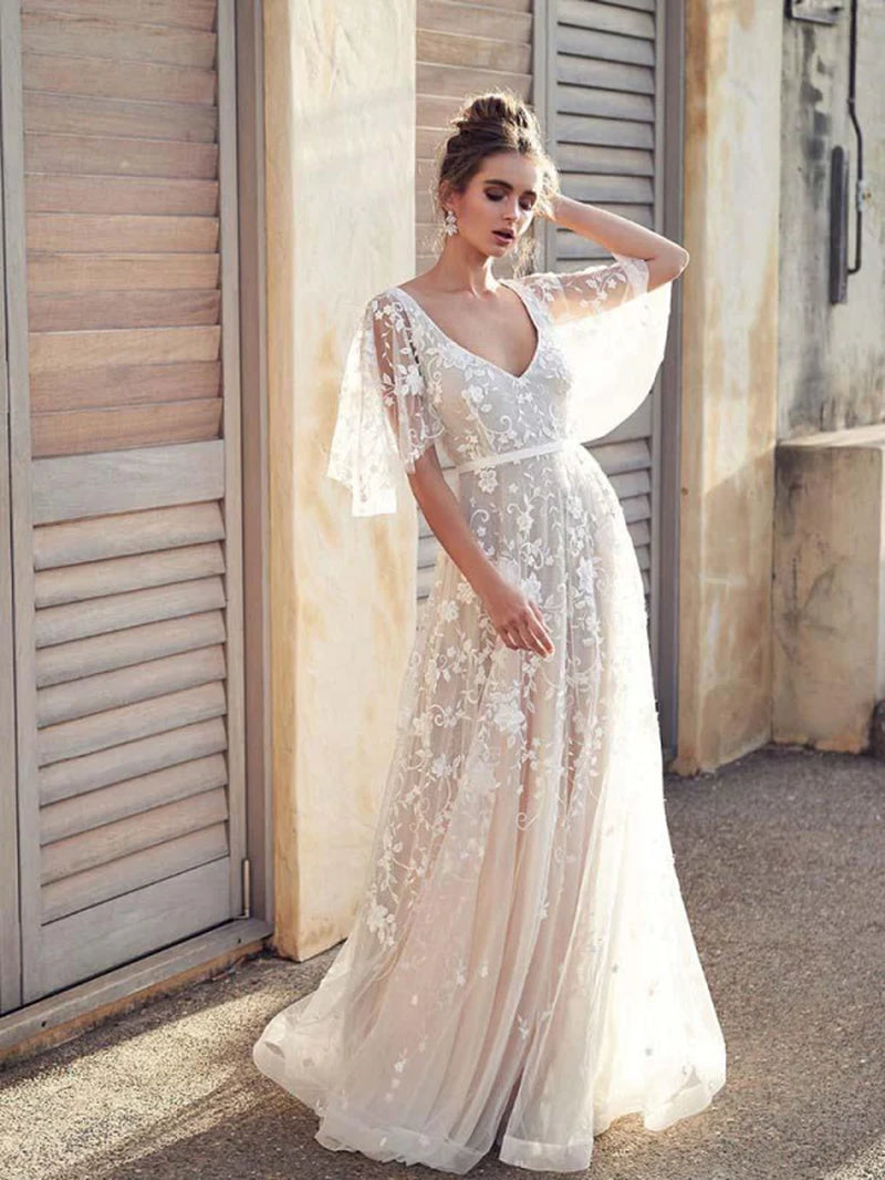 V Neck Half Sleeve Lace Boho Wedding Dresses