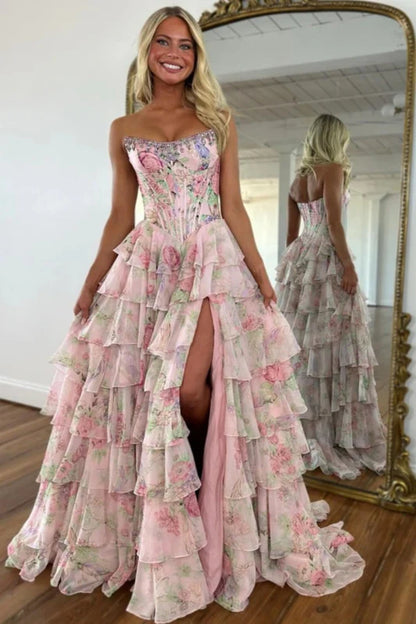 Strapless Floral Tulle Aline Evening Dress Front Split Corset Prom Dress