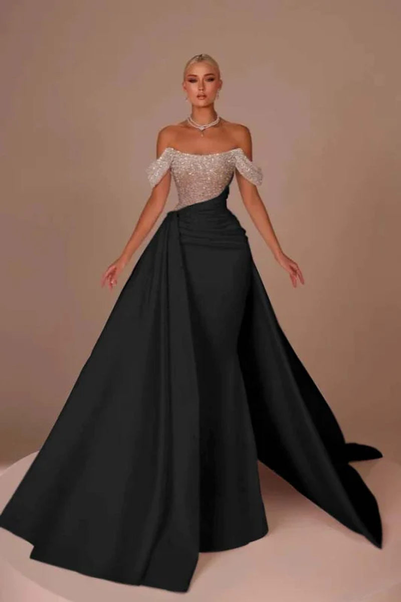 Chic Glitter Off-Shoulder Satin Mermaid Chapel Train Wedding Dress