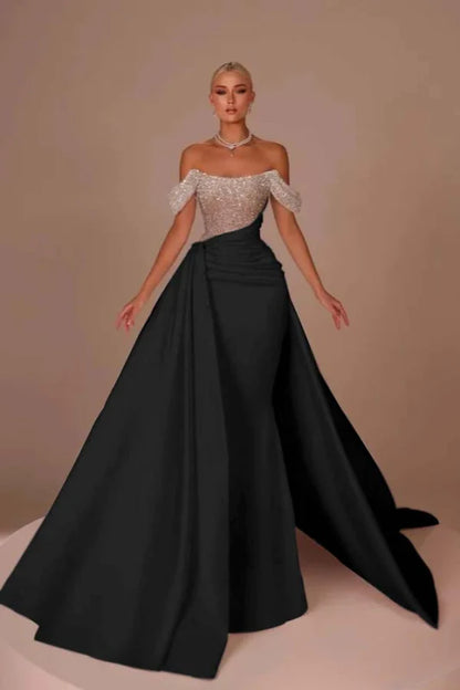 Chic Glitter Off-Shoulder Satin Mermaid Chapel Train Wedding Dress