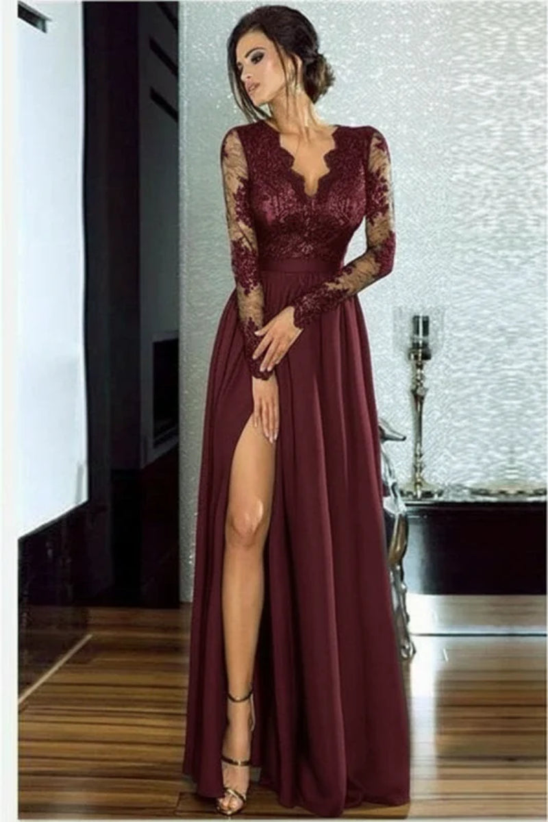 Bridelily A-Line Long Sleeves V-Neck Split Floor-Length Lace Appliques Prom Dresses