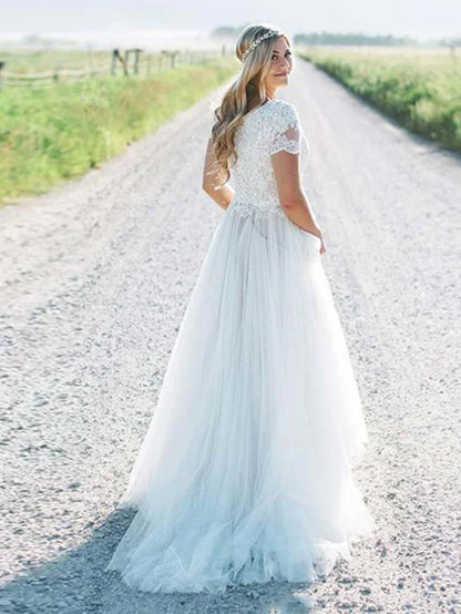 Elegant Short Sleeves Lace Tulle Wedding Dresses