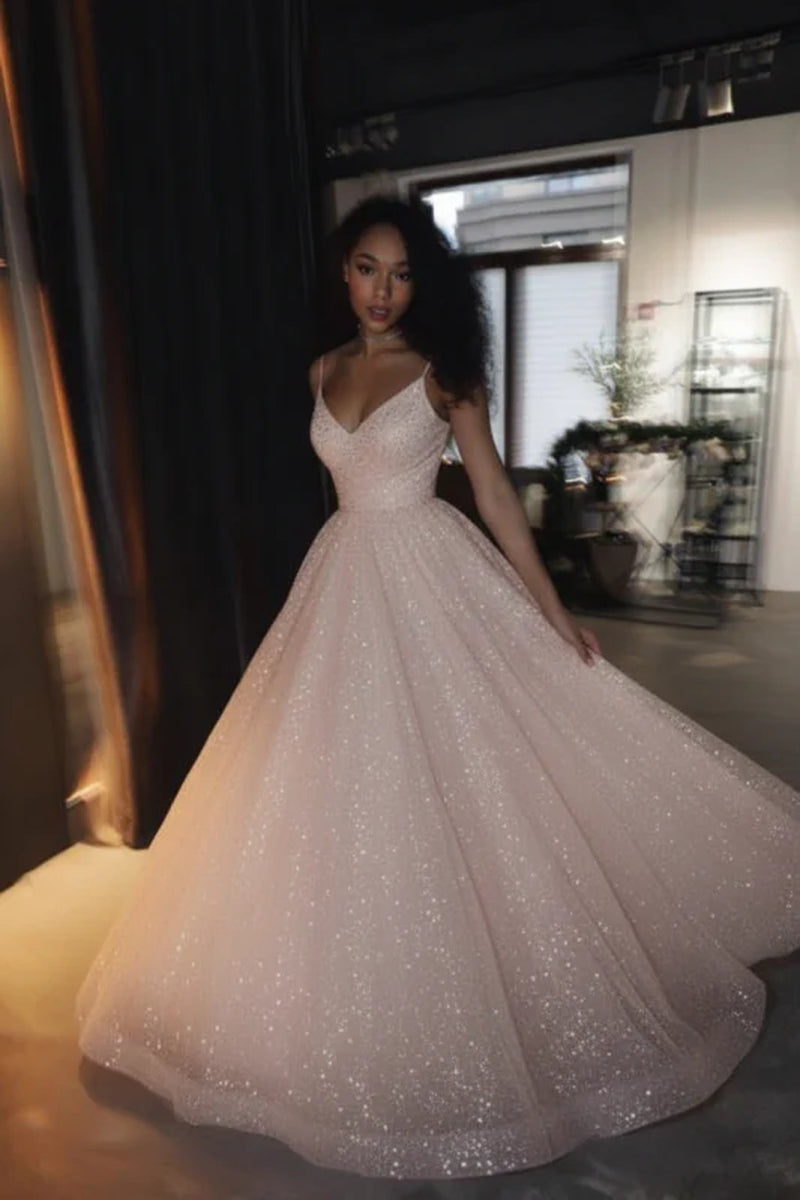 SD2128 Shiny Sequins Spaghetti Straps A-Line Wedding Dress