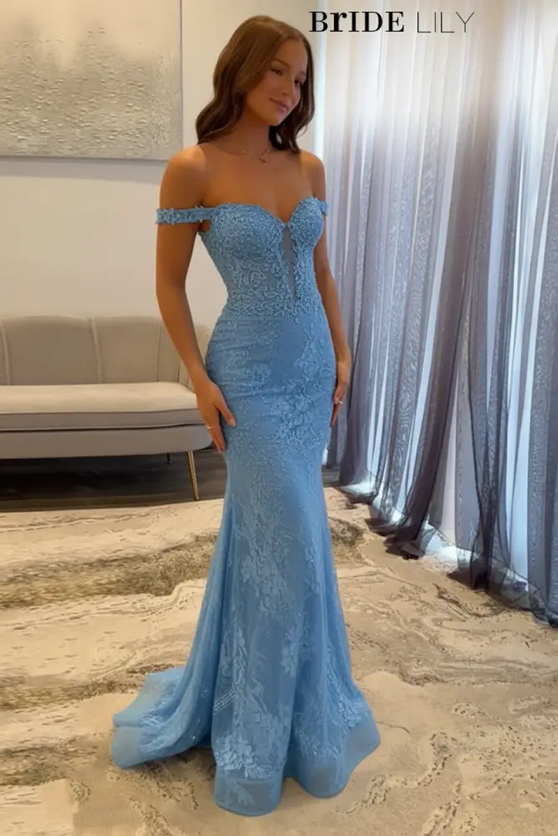 Off-The-Shoulder Mermaid Evening Dress Lace Prom Dress Long
