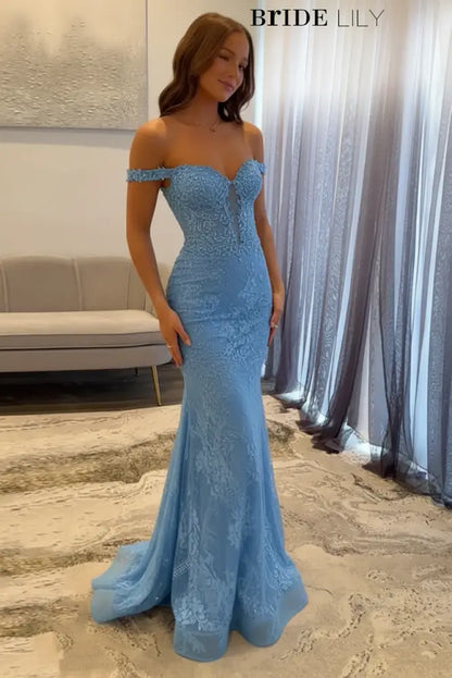 Off-The-Shoulder Mermaid Evening Dress Lace Prom Dress Long