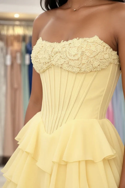 Strapless Sweetheart Corset Aline Evening Dress Chiffon Side Split Prom Dress