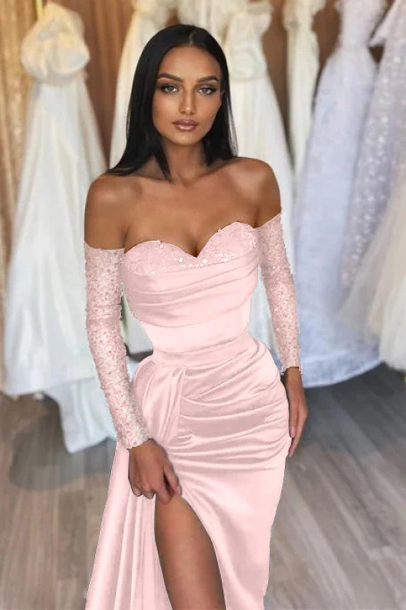 Black Prom Dress Sweetheart Short Sleeves with Pleated Slit
