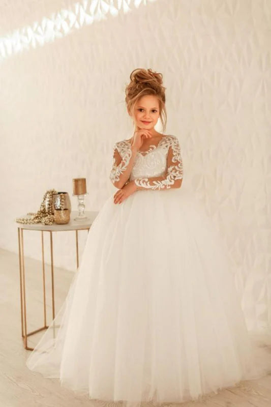 Romantic Long Sleeves White Tulle Lace Appliques Wedding Party Dress for Girls