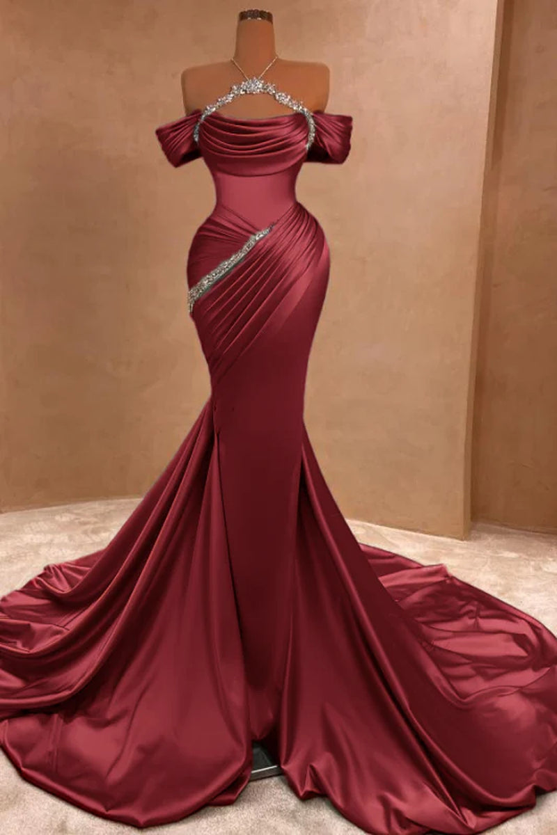 Chic Ruffle Satin Prom Dress Mermaid Off-The-Shoulder Beadings Long Party Gown
