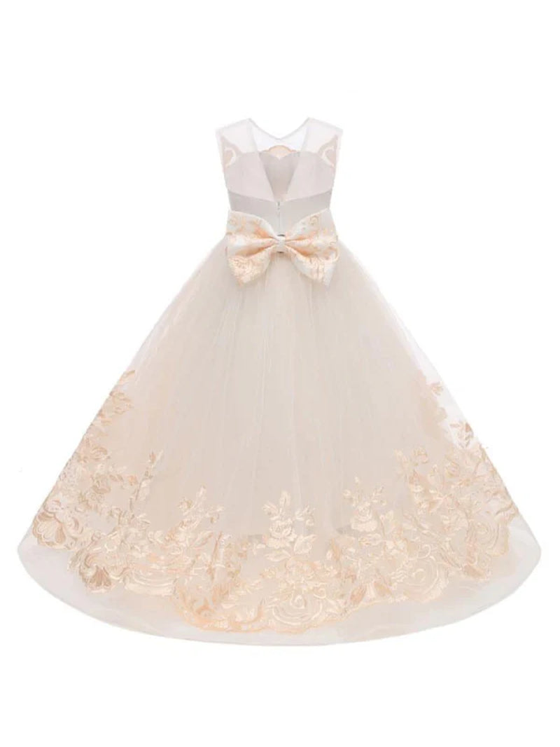 Sleeveless Flower Girl Dresses Jewel with Bows Tulle Floral Lace Kids Pageant Dresses