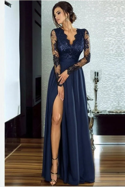 Bridelily A-Line Long Sleeves V-Neck Split Floor-Length Lace Appliques Prom Dresses
