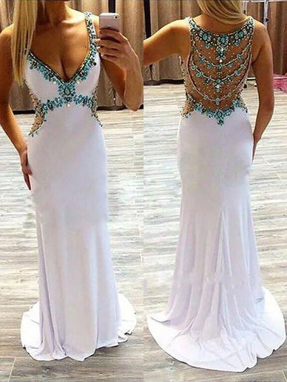 V-Neck Sleeveless Prom Dress Sweep/Brush Train with Beading Spandex Dresses