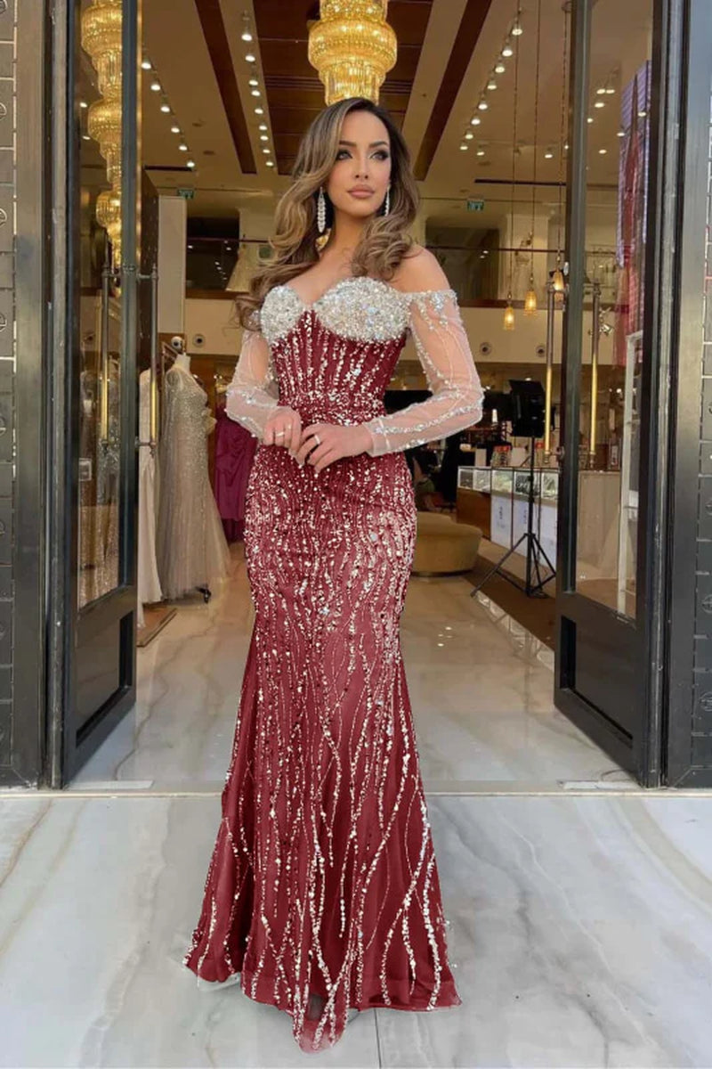 Champagne Sweetheart Mermaid Prom Dress Long Sleeves with Beadings