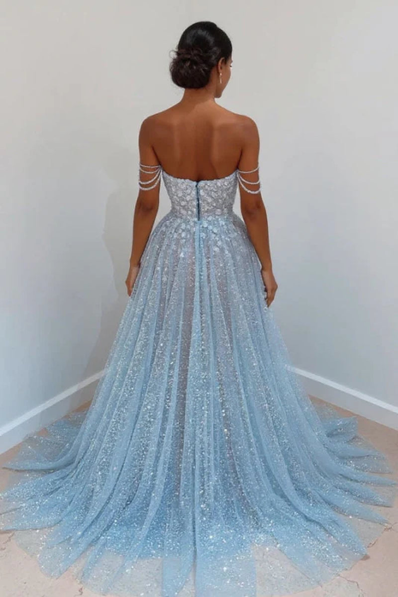 Sky Blue Off-The-Shoulder Prom Dress Long with Sequins