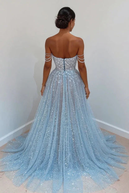 Sky Blue Off-The-Shoulder Prom Dress Long with Sequins
