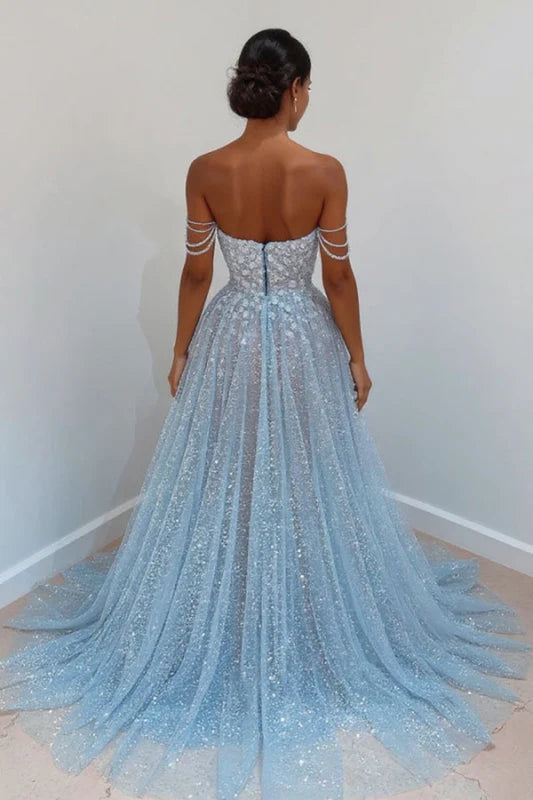 Sky Blue Off-The-Shoulder Prom Dress Long with Sequins