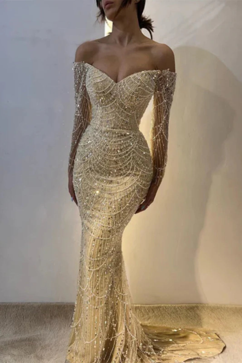 Off Shoulder Long Sleeves Mermaid Prom Dress Beadings Long Evening Dress