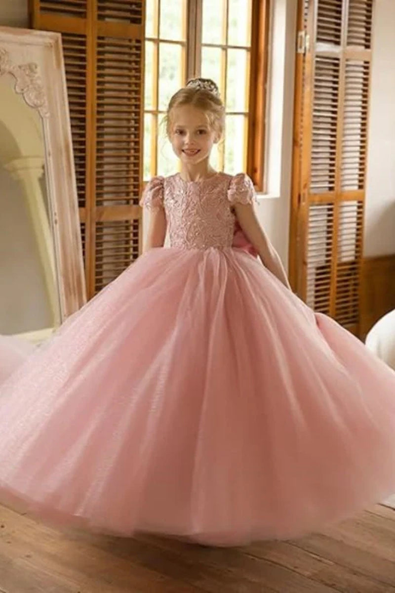Dusty Pink Tulle Flower Girl Dress with Bow Cap Sleeves Little Girl Formal Evening Dress