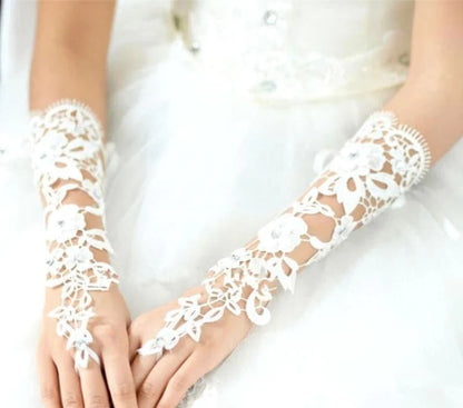 Lace Crystal Beaded Fingerless Wedding Gloves | Bridelily