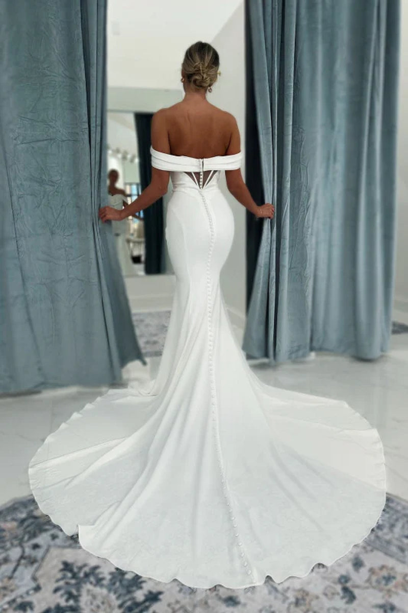 Classy Off-The-Shoulder Ruched Floor-Length Mermaid Wedding Dresses