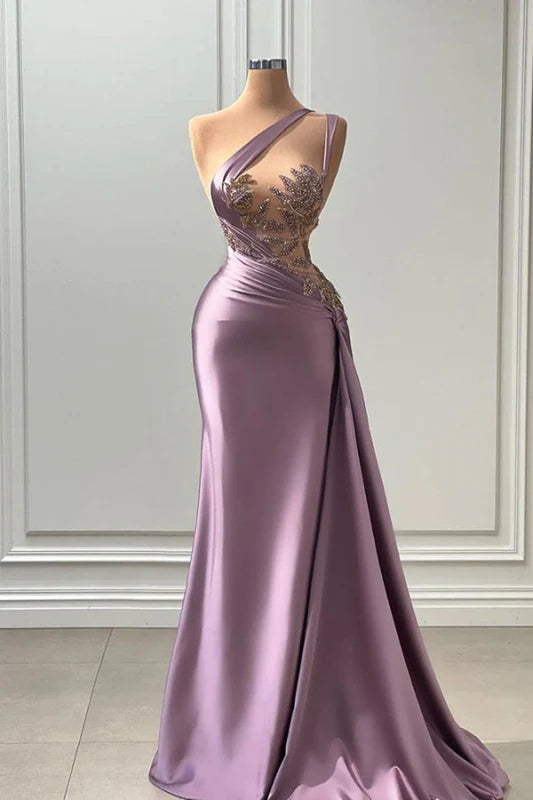 One Shoulder Purple Mermaid Prom Dress with Pleated Beading