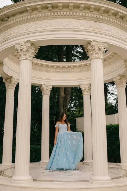 Off-The-Shoulder Blue Tulle Aline Mother of the Bride Dress with Lace Appliques